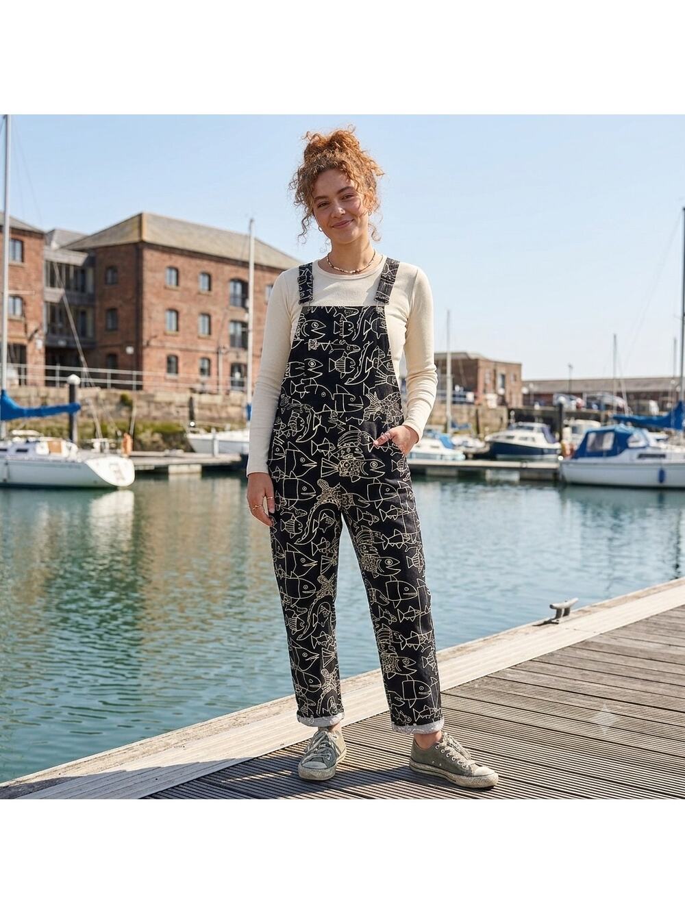 Lucy & Yak Original Dungarees Overalls Fish Print Black White Organic Cotton 4R